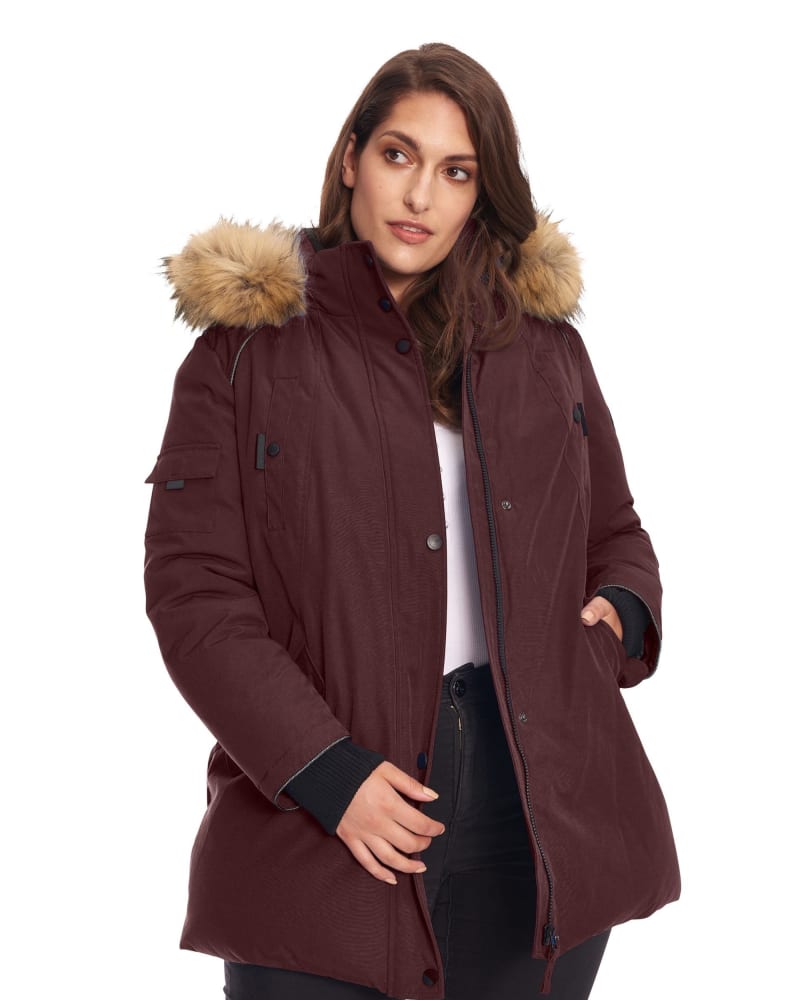 Front of a model wearing a size 3X GLACIER | Vegan Down Recycled Parka Winter Jacket in Grape by Alpine North. | dia_product_style_image_id:325570